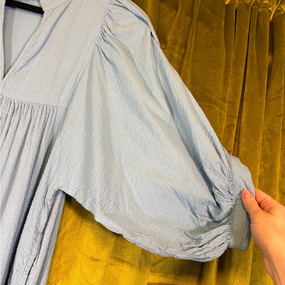 Never a Wallflower High Neck Dress Carolina Blue Seersucker Mini Medium $288 - Picture 4 of 8